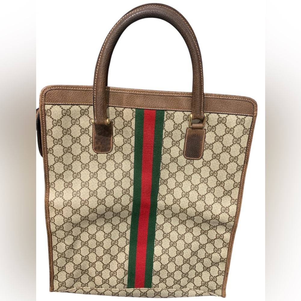 Gucci Beige and Brown Tote Bag with Red and Green Stripe